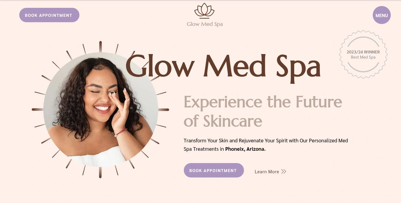 Glow Med Spa website design with a peach background, portrait photography and lavender booking buttons
