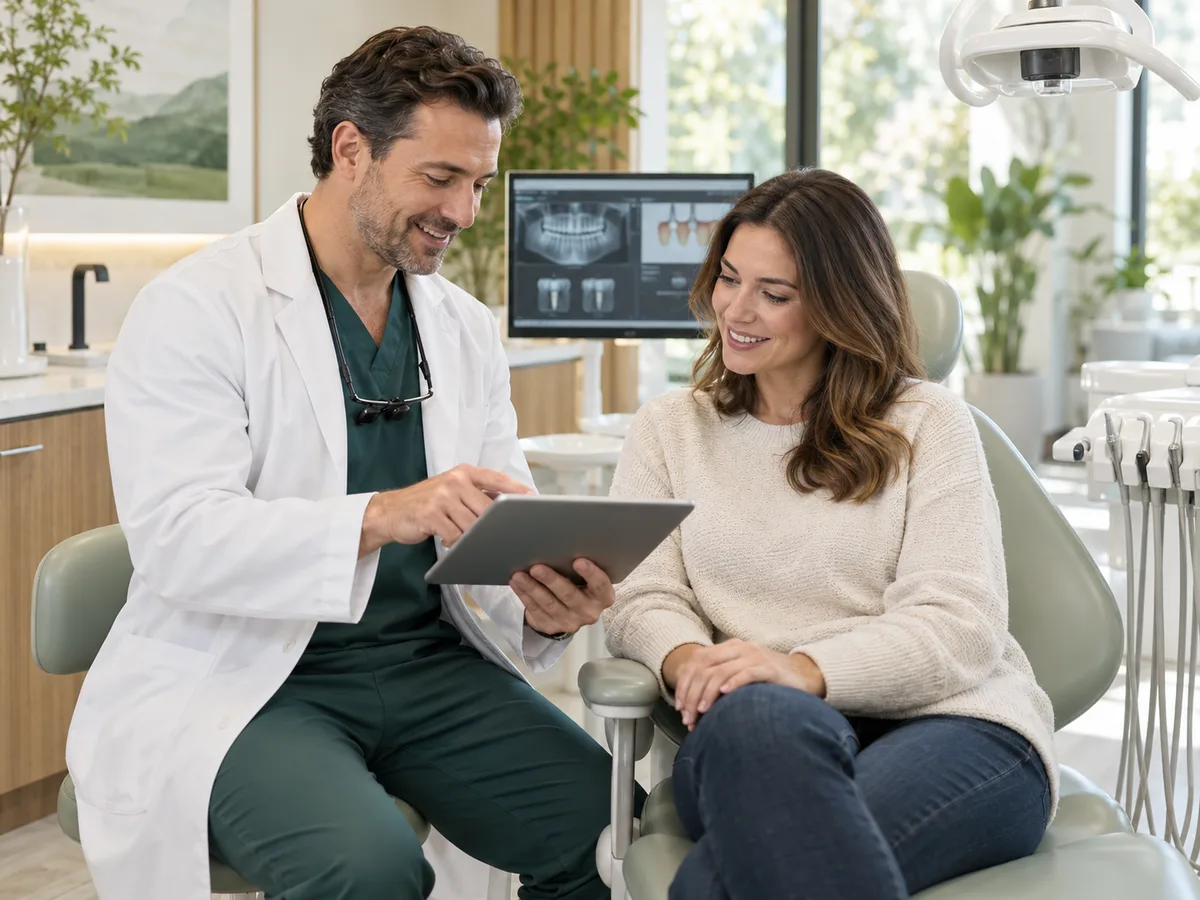 A dentist discussing care with a patient