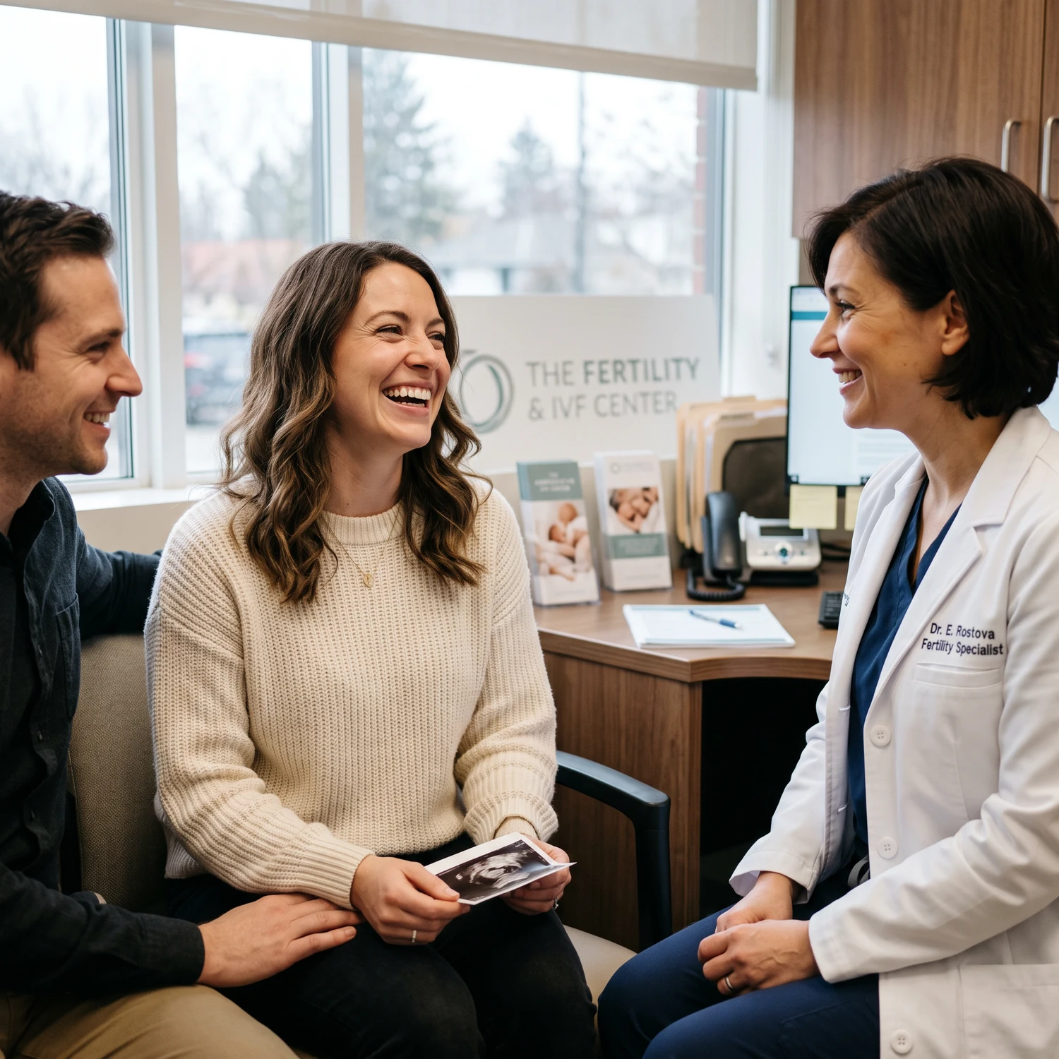 A couple smiling during a consultation with a fertility clinician