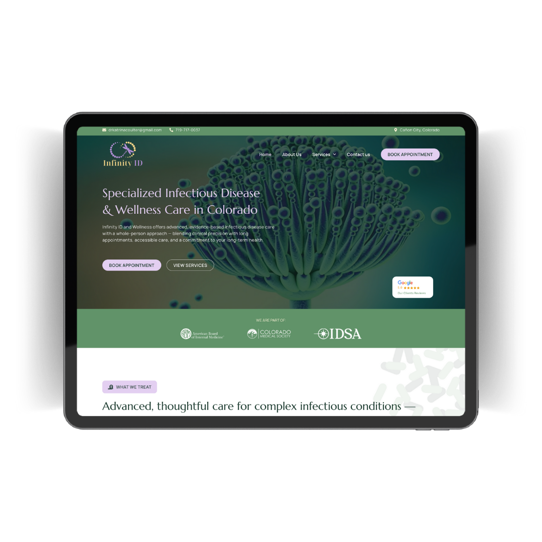 Infinity ID Clinic website displayed on a tablet