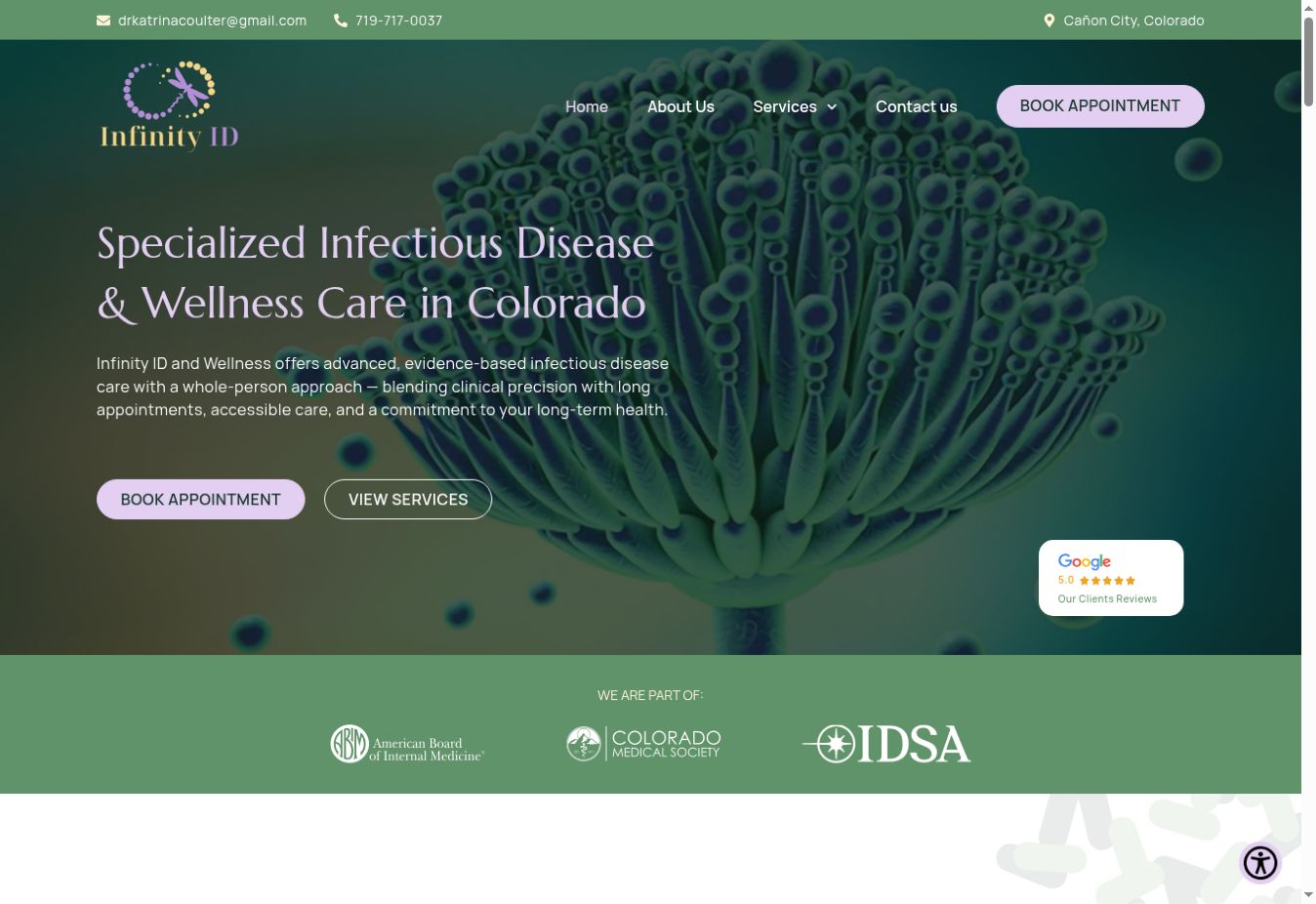 Infinity ID and Wellness website with its specialist care hero and booking pathway