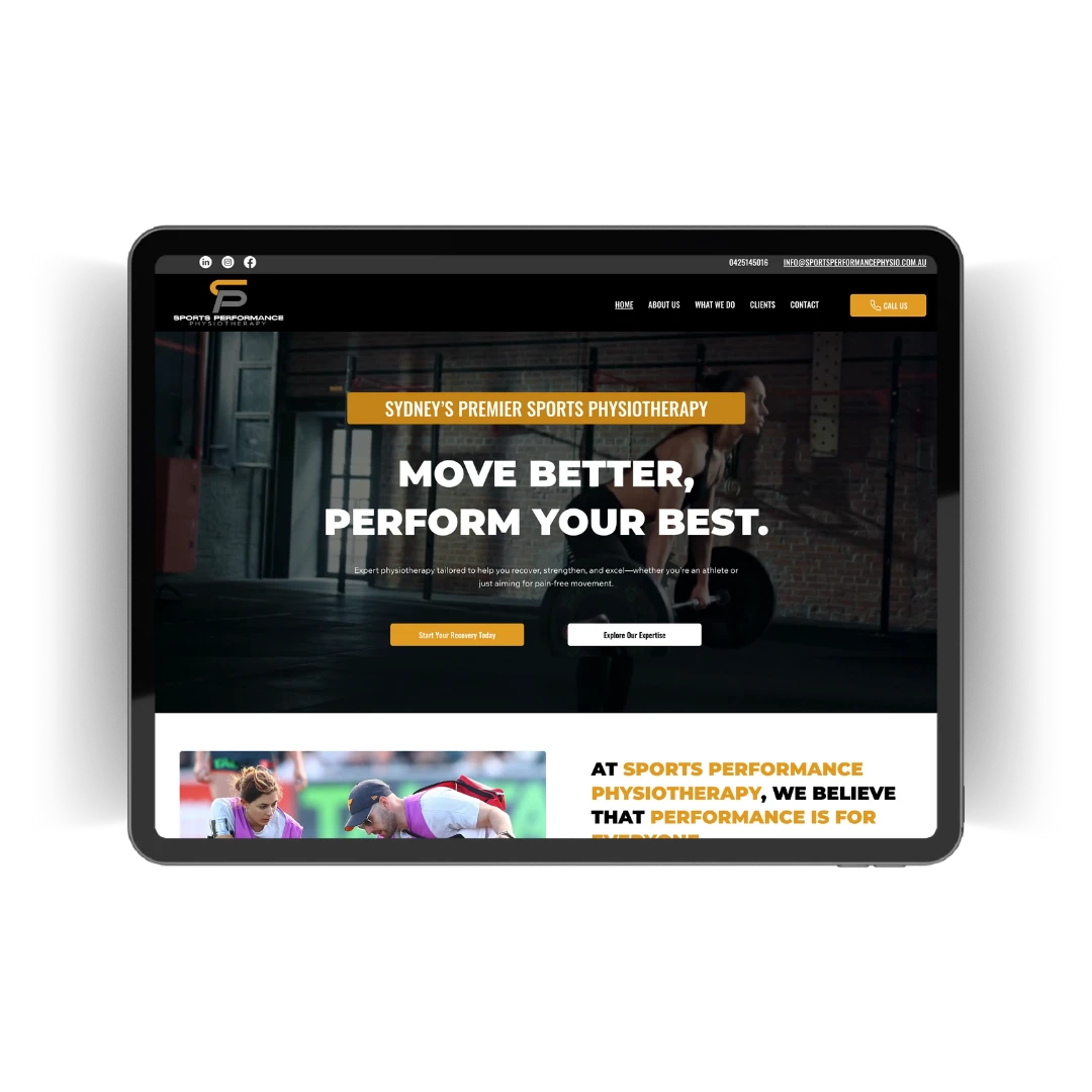 Sports Performance Physiotherapy website displayed on a tablet