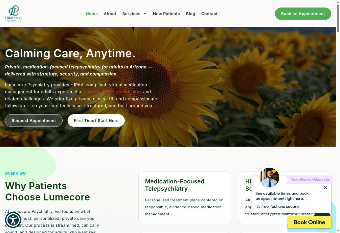 Lumecore Psychiatry website showing its adult telepsychiatry services and new-patient guidance