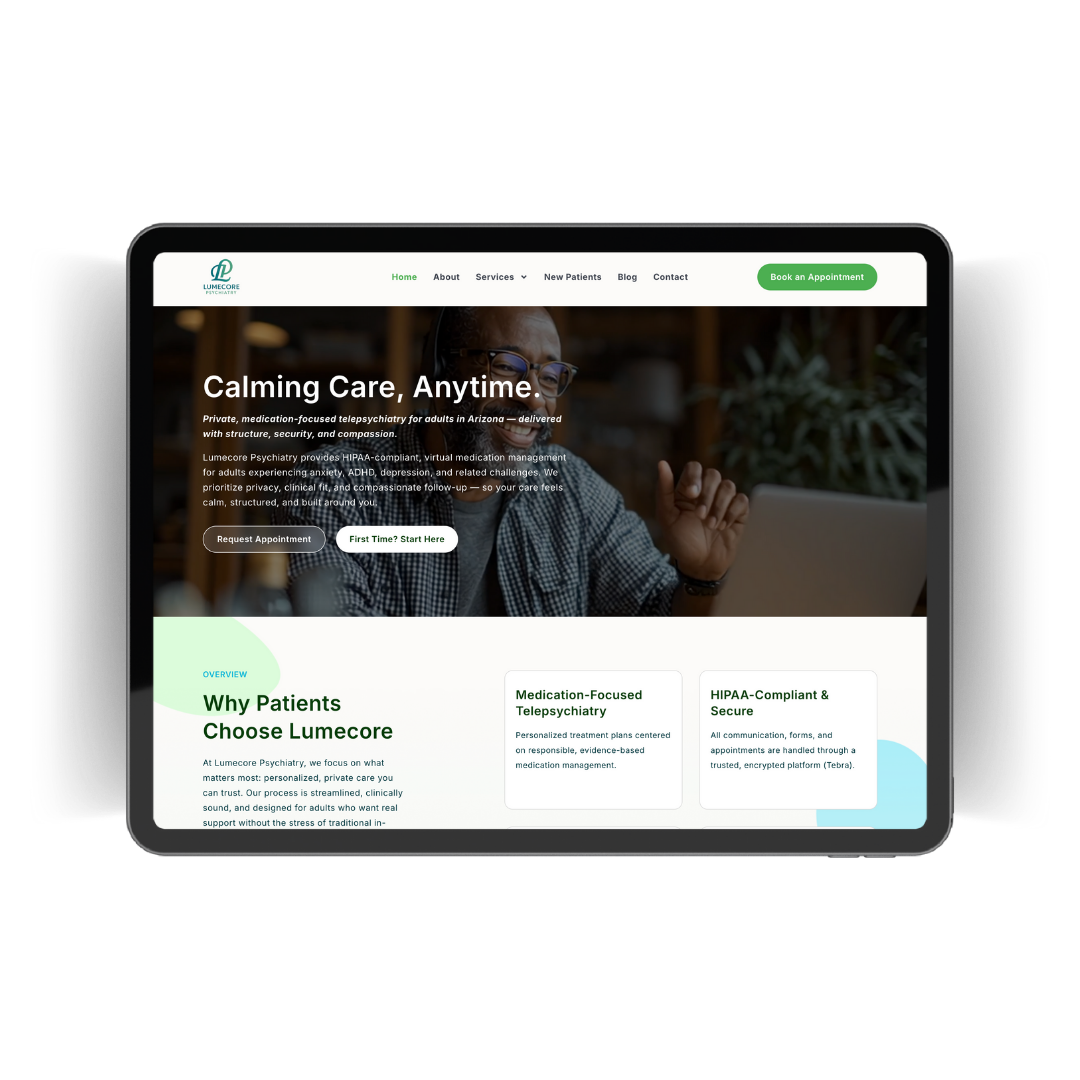 Lumecore Psychiatry website on a tablet