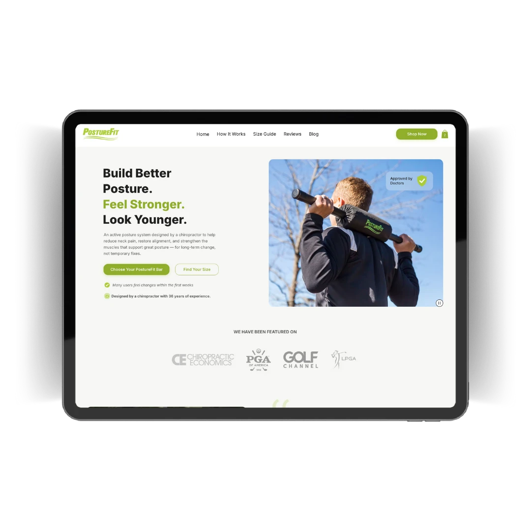 Get PostureFit ecommerce website displayed on a tablet