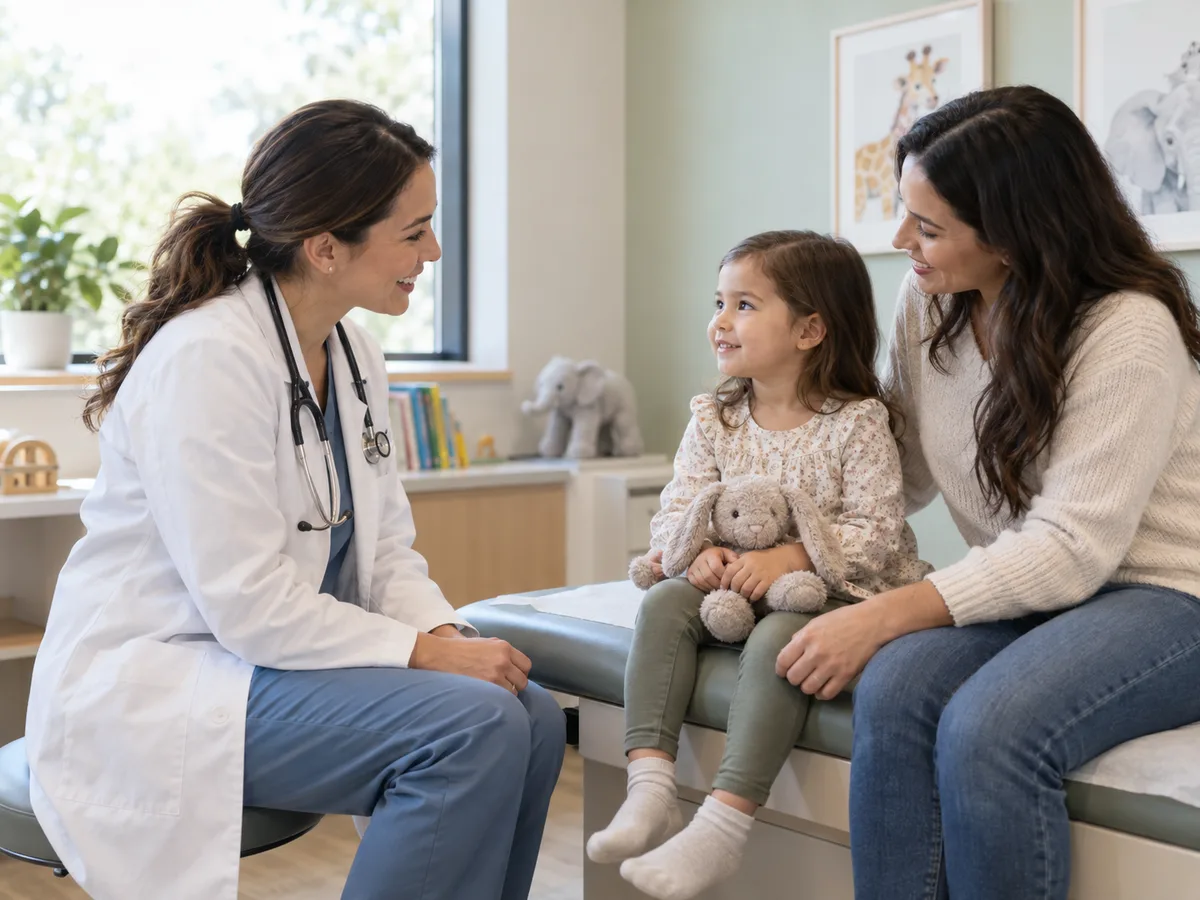 A pediatrician meeting with a parent and child