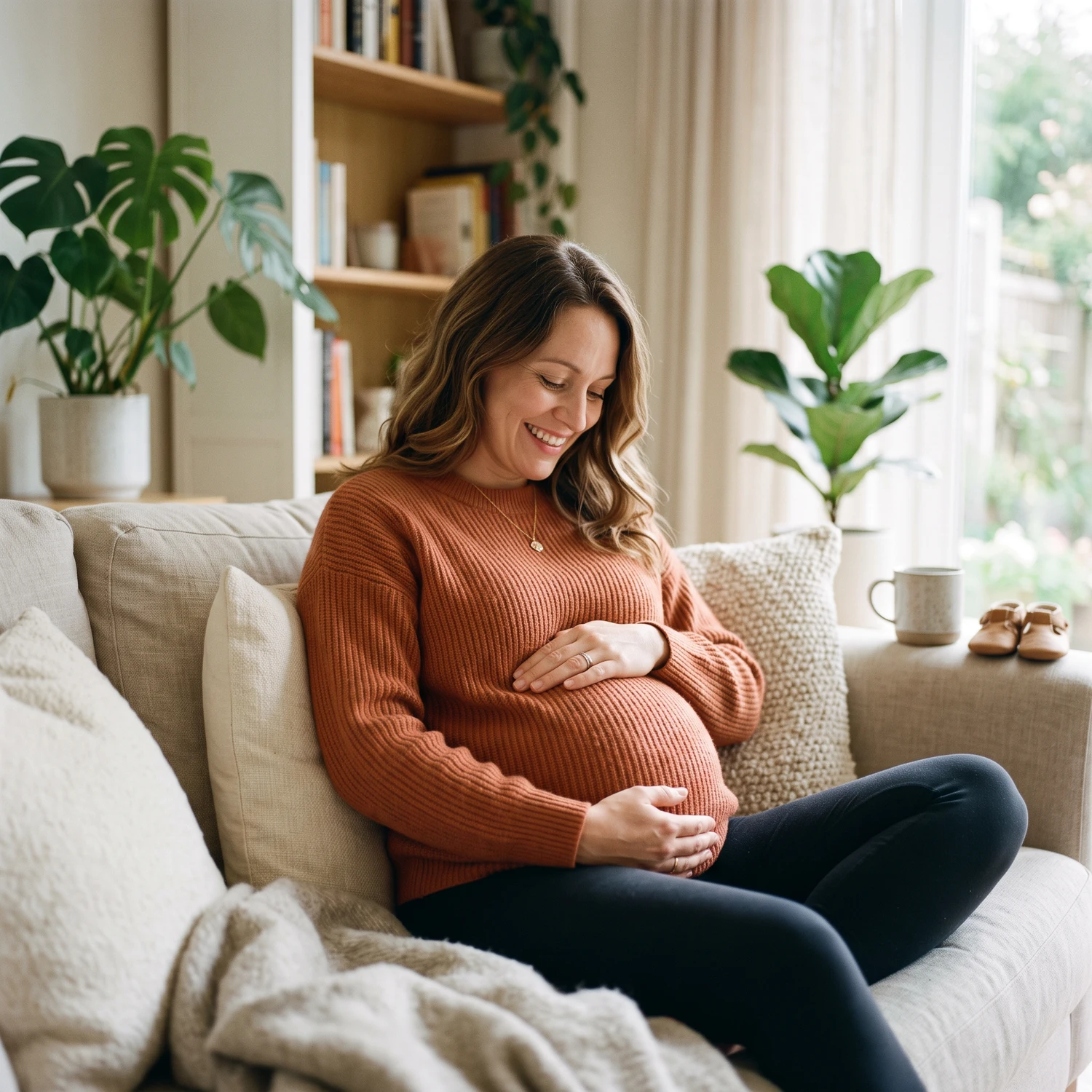 A happy pregnant woman relaxing at home and holding her belly