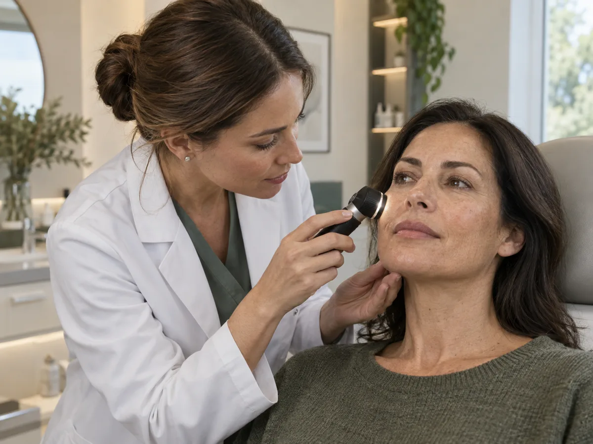 A dermatologist examining a patient’s skin