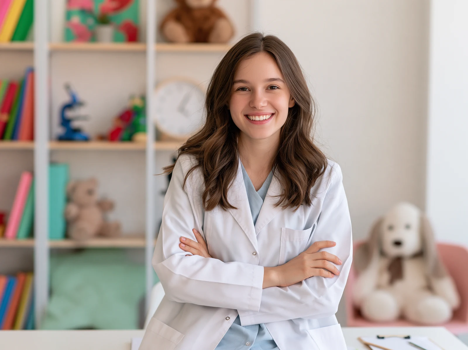 A smiling clinician in a warm pediatric consultation room